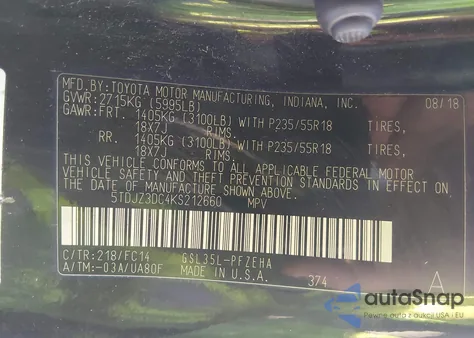 2019 Toyota Sienna Le 7 Passenger z USA, uszkodzony, nr VIN 5TDJZ3DC4KS212660